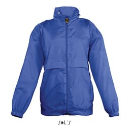 A blue children's raincoat made of 100% nylon, featuring a hood and water-repellent material. It has a logo.