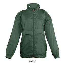 A green kids' raincoat made from 100% nylon with a hood, featuring water-repellent material. It has a logo.