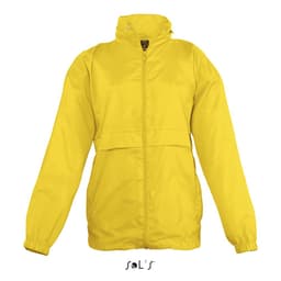 A yellow kids' rain coat made of 100% nylon with a hood and water-repellent material, featuring a logo.