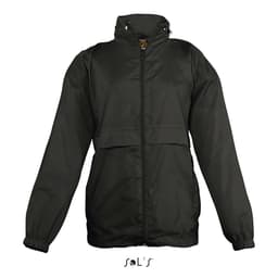 A black kids' raincoat made from 100% nylon, featuring a hood and water-repellent material. It has a logo.