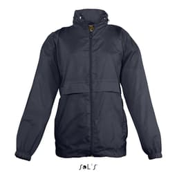 A navy blue kids' raincoat made from 100% nylon, featuring a hood and water-repellent material. It has a logo.