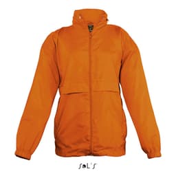 An orange raincoat for kids made from 100% nylon with a hood and water-repellent material. Features a logo.