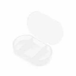 A transparent pill organiser with a divided interior and a hinged lid, featuring a simple, streamlined design.