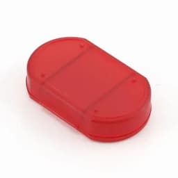 A red, oval-shaped container with a transparent design, featuring rounded edges and no visible branding.