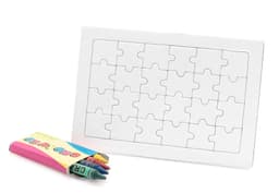 A puzzle kit consisting of a blank puzzle board and four coloured markers. The board has 16 jigsaw pieces.
