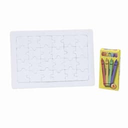 A blank jigsaw puzzle with 16 pieces and a box of crayons in green, purple, and yellow. The puzzle has a branded logo.
