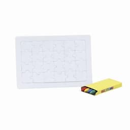 A blank puzzle set with 16 interlocking pieces and a box of four colourful crayons.