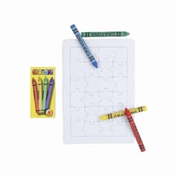 A puzzle sheet with four crayons in red, green, yellow, and blue beside a small crayon box featuring the word "Crayons".