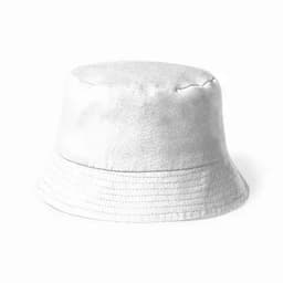 A white bucket hat with a rounded top and a wide brim. Features a textured fabric.