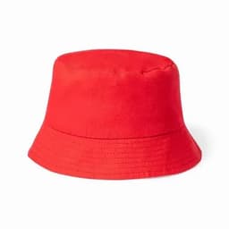 A red bucket hat with a plain design and a wide brim, made from a soft fabric.