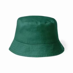 A green bucket hat with a structured top and a wide brim. It features stitching around the base and has a smooth texture.