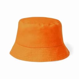 A bucket hat in bright orange, featuring a simple design and a wide brim. It has a smooth texture and a logo.