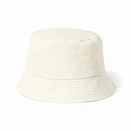A bucket hat in pale cream colour, featuring a wide brim and a simple design. Contains a logo on the side.
