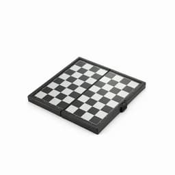 A checkered chessboard in black and white, folded in half, featuring a clasp for securing when closed.