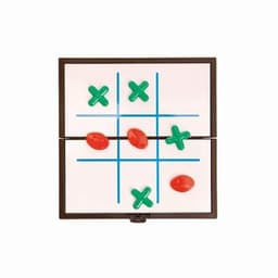 A tic-tac-toe game board with green 'X' and red 'O' pieces arranged on a white background.