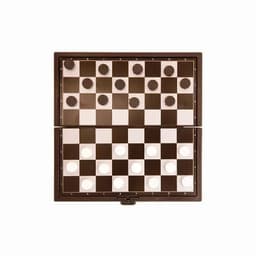 A foldable board game featuring a checkered pattern with black and white checker pieces arranged on it.