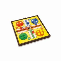 A board game featuring a yellow playing surface with four coloured areas, dice, and various coloured tokens.