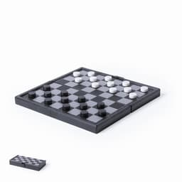 A checkers game set with a black and white board, featuring black and white checkers pieces. It includes a foldable design.