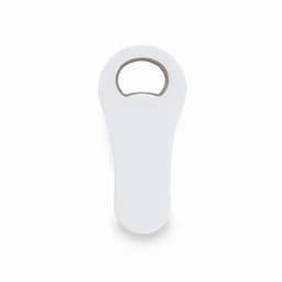 A bottle opener in white with a smooth, ergonomic design and a circular pull tab.