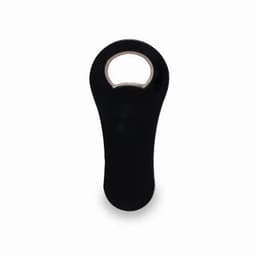 A black bottle opener with a circular cutout at the top. It has a smooth, curved design and features a logo.