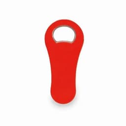 A red bottle opener with a circular hole at the top, featuring a smooth, rounded design.