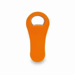 An orange bottle opener with a circular cut-out at the top, featuring a smooth grip design.