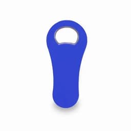 A blue bottle opener featuring a rounded handle and a circular opening at the top. It has a simple design and includes a logo.