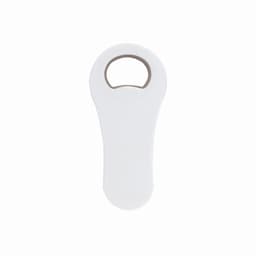 A bottle opener with a white handle and a circular metal opening. Brand logo visible on the handle.