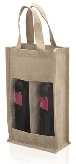 A drink bottle bag in natural linen with a transparent front, designed to hold two bottles securely.