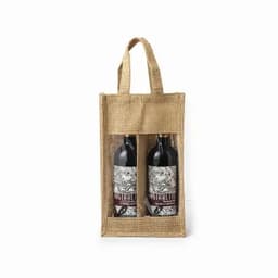 A drink bottle carrier made of jute, featuring two bottles with decorative labels and a logo.