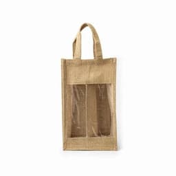 A jute tote bag with clear front panels and two compartments, featuring sturdy handles.
