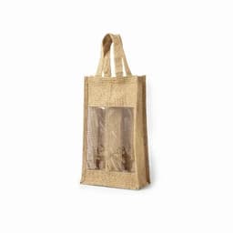 A reusable jute bag in a natural brown colour with transparent panels and two handles for carrying.