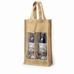 A jute wine tote featuring two compartments for bottles, showcasing a natural brown colour and transparent panels.