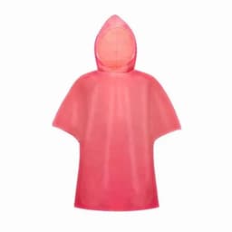 A pink rain poncho with a hood, featuring a simple, lightweight design. It has a logo on the chest area.