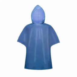 A waterproof poncho in a light blue colour featuring a hood and a loose-fitting design. It has a logo on it.