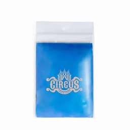 A blue product bag with a logo featuring a circus design. The bag is sealed at the top.