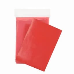 A red promotional product package containing a red item, with a clear plastic zip-lock bag.