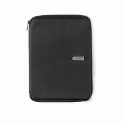 A black zippered folder with a plain silver embellishment and a simple design. It features a smooth texture.