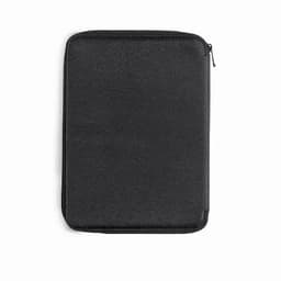 A zipped black pouch with a smooth texture, featuring an outer logo or branding.