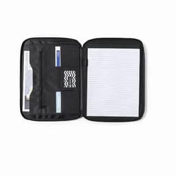 A black zipped folder with a pocket, a cardholder, and lined paper on one side. It features a logo.