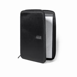 A zipped black folder with a notepad inside, featuring a smooth exterior and a sleek design.