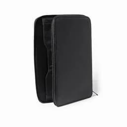 A black zippered storage case with a soft interior and multiple compartments for organisation.