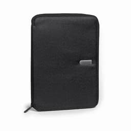 A black zipped binder with a textured surface and a metallic clasp, featuring a logo design.