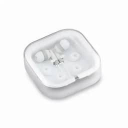A pair of white earphones in a clear case, featuring a simple design and logo on the case.