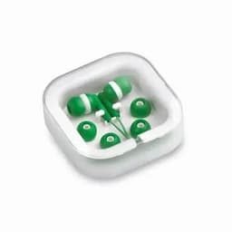 A set of green earphones with multiple ear tips displayed in a transparent case. The case has a rounded shape.