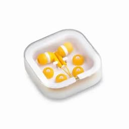 A set of yellow earphones with multiple ear tip sizes, packaged in a clear, square case.