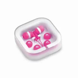 A set of pink earbuds displayed in a clear case, featuring multiple ear tip sizes. The case has a square shape.