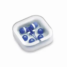 A set of blue earphones in a clear case, with additional earbud tips included. The case is square-shaped.