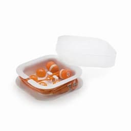 A storage case with assorted orange earplugs inside, featuring a transparent lid. The case has a simple design.