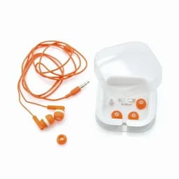 An orange pair of earphones with a transparent case and additional ear tips included.